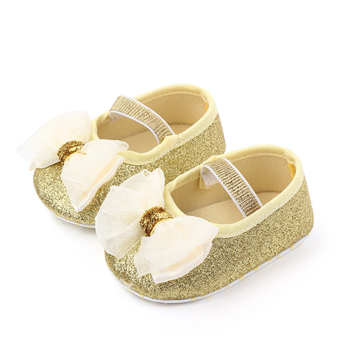 Solid Newborn Toddler Shining Shoes Baby Anti-Slip Princess Bow Shoes Girls Soft Sole Flat Shoes Indoor Elastic Band Boat Shoes First Walkers