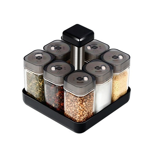 9Pcs Rotating Spice Rack Glass Jar Spices Container