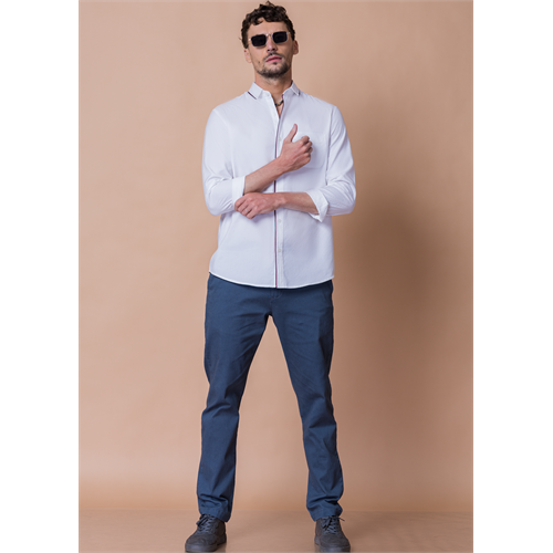 Men s Slim Fit White Detailed Stripe Long Sleeve Shirt
