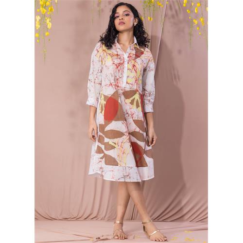 Autumn Leaves Detailed Batik Dress With Collar