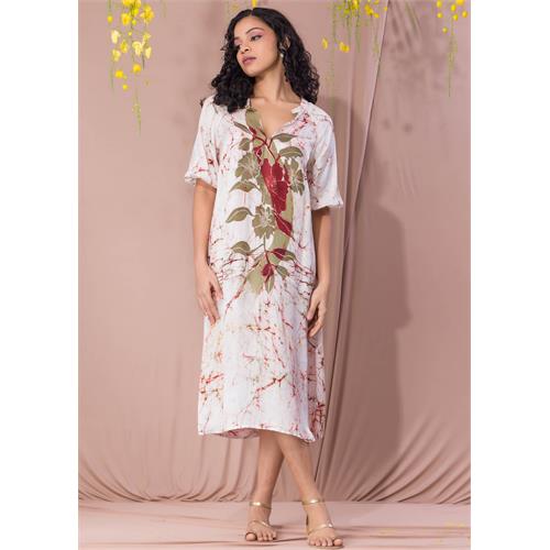 Batik Floral Chinese Neck Detailed Midi Dress