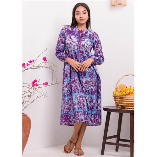 Long Sleeved Neck Tie Up Batik Maxi Dress