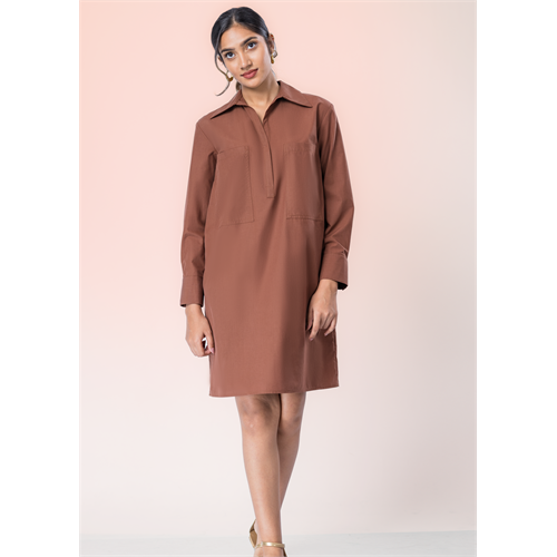 Long Sleeve Dress With Shot Placket And Large Front Pockets