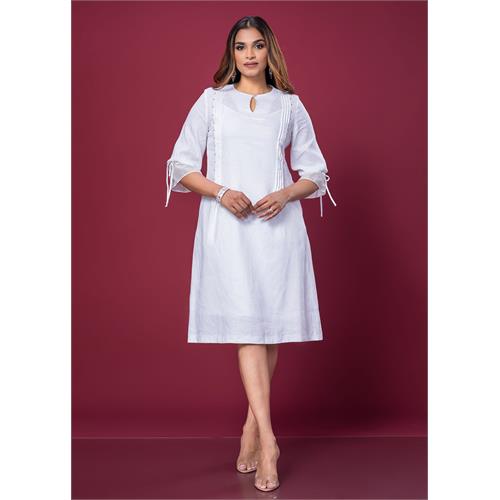 Pintuck & Bead Detailed Linen Dress