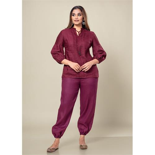 Pintuck Detailed Linen Blouse With Beaded Tassel