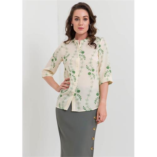 Printed Button Down Blouse With Chinese Collar