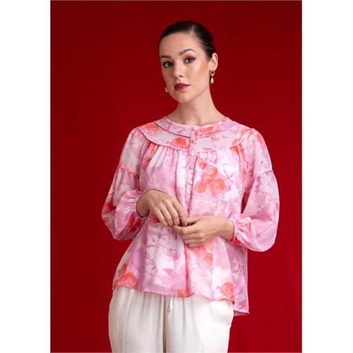 Printed Round Neck Blouse With Piping Detail