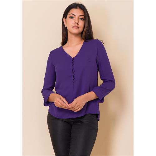 V neck blouse with covered buttons