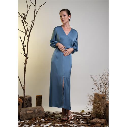 V Neck Long Sleeve Maxi Dress With Front Slit