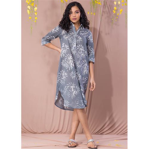 White Flower Posy Detailed Batik Shirt Dress