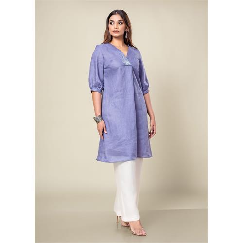 Hand Embroidered V Neck Linen Kurtha Top