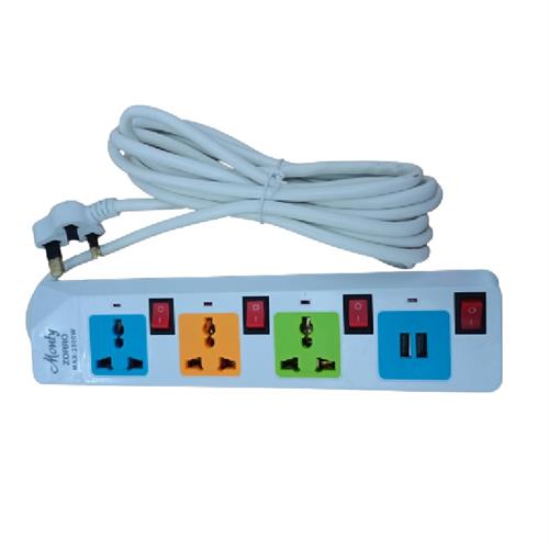 Monty Zorro Power Strip Extension Cord (Trailer Socket) 3 Gang With Individual Switches + USB Wh-714