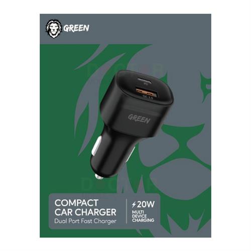 Green Compact Car Charger Dual Port 20W USB Charger