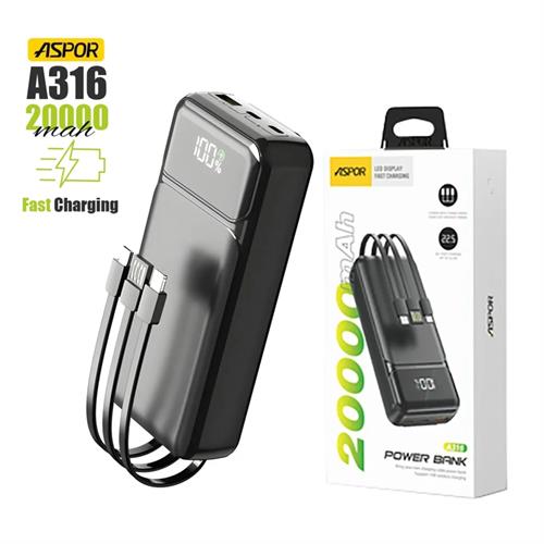 ASPOR A316 20000mAh 22.5W High Speed Built in Cable Power Bank