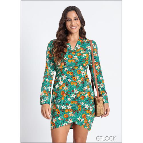 Collared Printed Wrap Dress - 050824