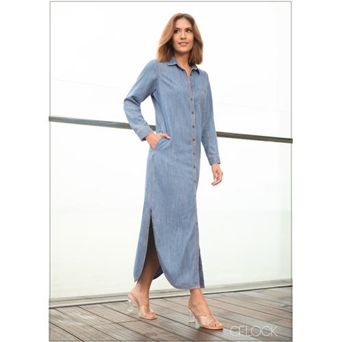 Denim Maxi Side Slit Shirt Dress - 080624