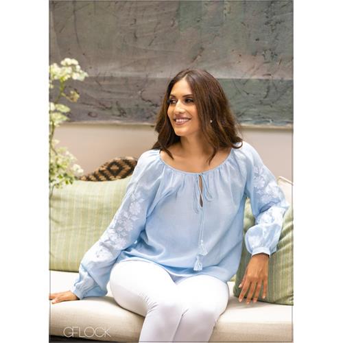 Embroidered Sleeve Linen Top - 0207