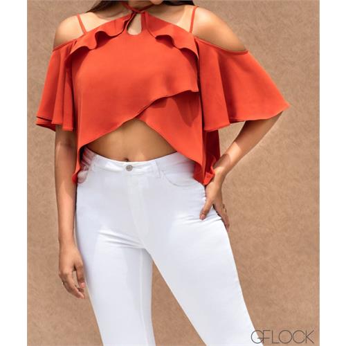 Flounce Layered Halter Crop Top - 1406