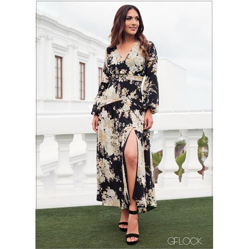 Lantern Sleeved Pin Tucked Printed Maxi Dress - 180823