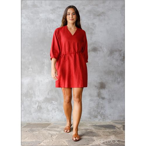 Pleated Sleeve Linen Dress - 290424