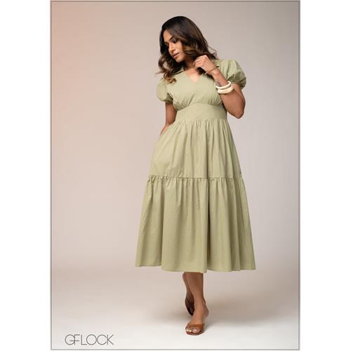 Puff Sleeve Midi Dress - 031125