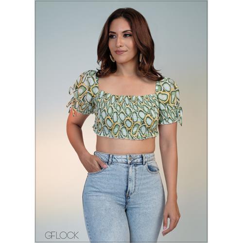 Puff Sleeve Smocking Crop Top - 050724