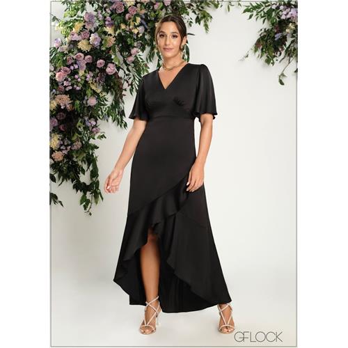 Satin Ruffled Flutter Sleeve Maxi Dress - 190724