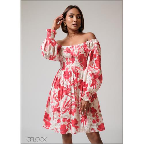 Smocking Detail Printed Embroidery Dress - 230625