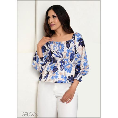 Smocking Detail Printed Embroidery Top - 140625