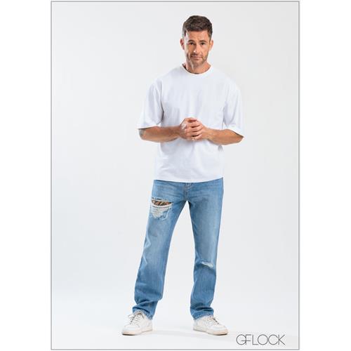Straight Leg Ripped Jean - Short Length - 250625