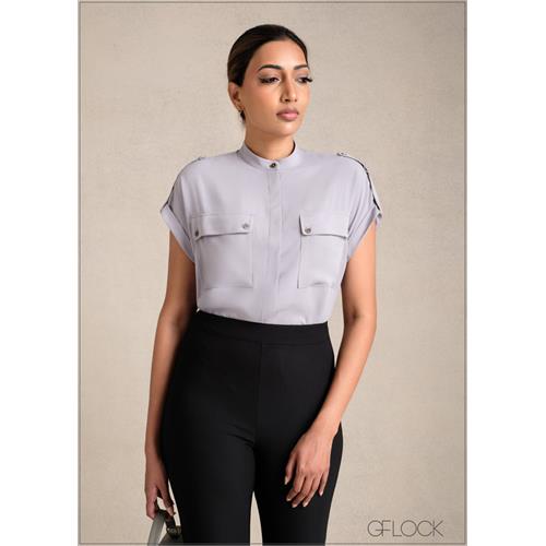 Turn-Up Short Sleeve Top With Patch Pockets - 281223