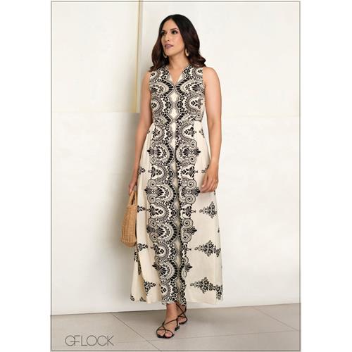 V-Neck Border Maxi Dress - 140625