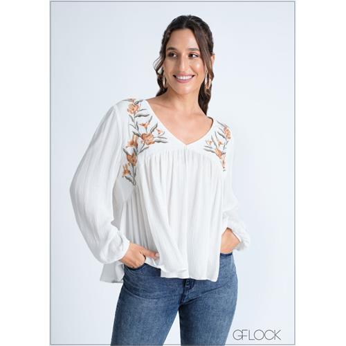 V-Neck Embroidery Top - 080724