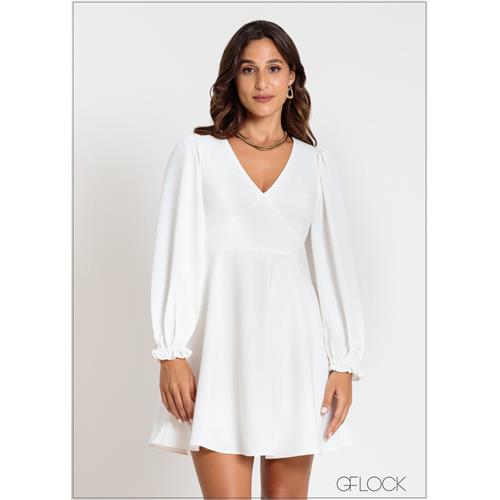 V-Neck Puff Sleeve Mini Dress - 041124