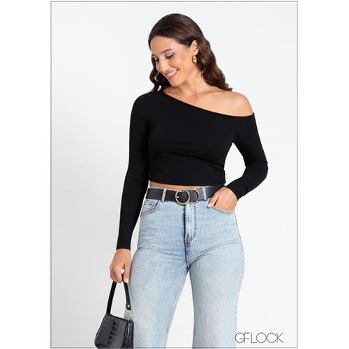 One Shoulder Long Sleeve Rib Top - 141024