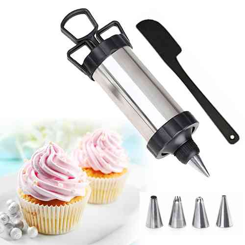 Cake Decorating Piping Gun Pastry Icing Steel Gun 4 Nozzle Tip Set