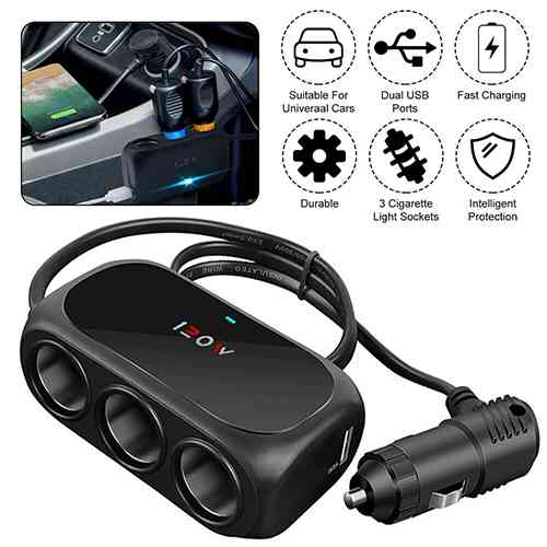 3 Port Car Cigarette Lighter Splitter with Dual USB Ports Car Charger