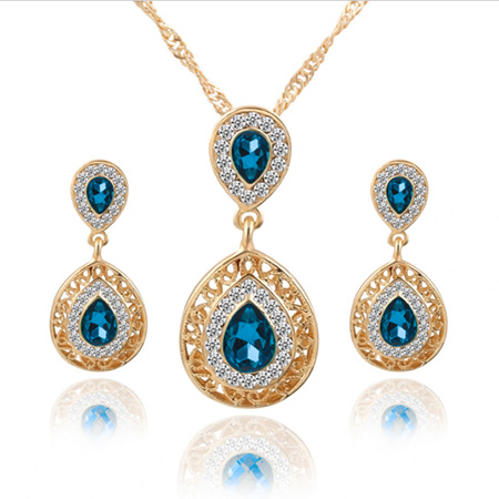 Charm Crystal Water Drop Pendant Necklaces Earrings Jewellery Set Blue