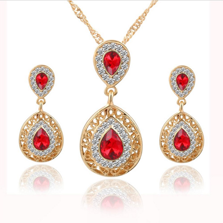 Charm Crystal Water Drop Pendant Necklaces Earrings Jewellery Set Red