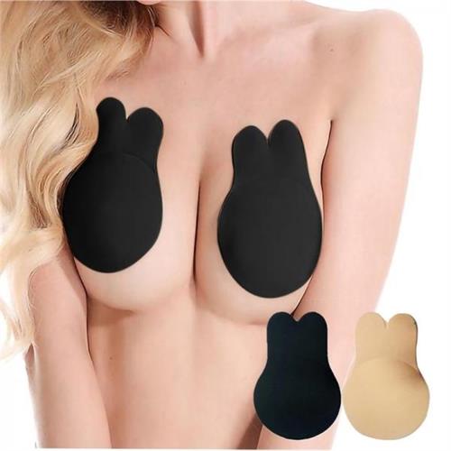 Sticky Invisible Silicone Strapless Backless Rabbit Ear Self Adhesive Push Up Bras Black