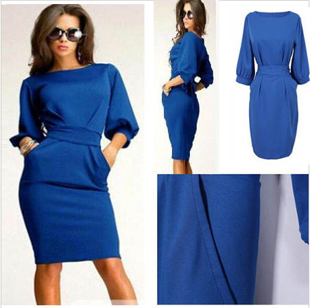 Elegant Half Sleeve with Belt Women Work Dress