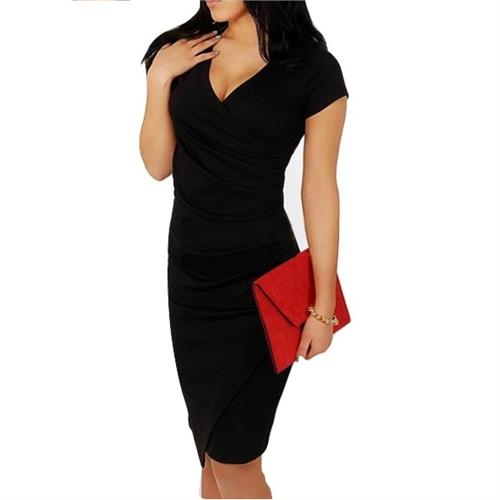 Short Sleeve V Neck Knee Length Pencil Dress Black