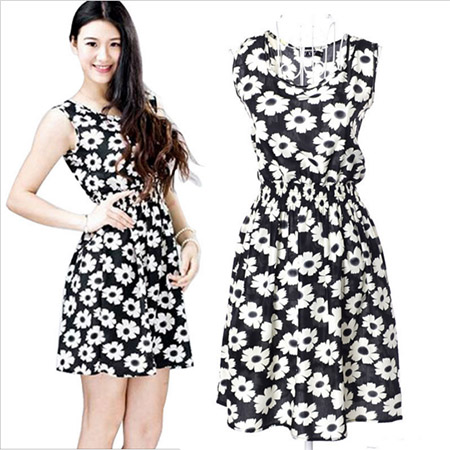 Floral Printed Sleeveless Chiffon Dress Black Medium