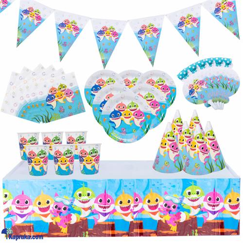 7 In 1 Baby Shark Birthday Decorations With Birthday Flags, 6 Hats, Plates , Napkins, Blow Outs Whistles And Table Cloth- AJ0571