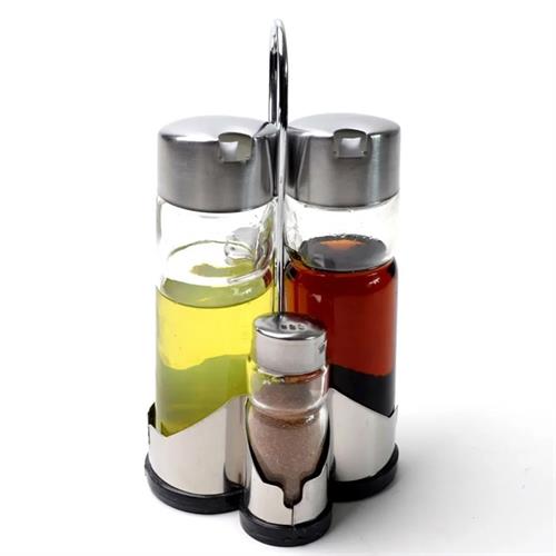 4pcs Glass Spice Set With Metal Rack Glass Salt Pepper Oil And Vinegar Condiment Cruet Set With Stainless Steel Lid Cover