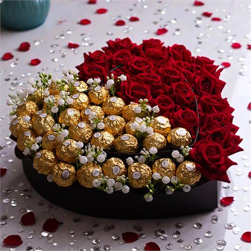 Eternal Embrace Heart Box With Ferrero Chocolates And Silk Roses