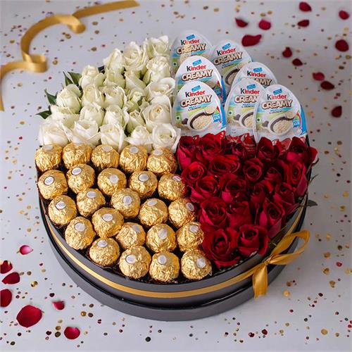 Eternal Love Round Fresh Red Rose And White Rose With Ferrero And Kinder Chocolate Giftset