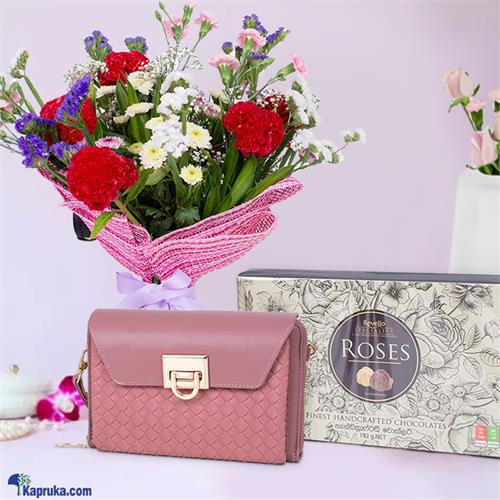 Rosey Revello Bundle - Shoulder Bag With Flower Bouquet And Revello Chocolate - For Birthday, For Her