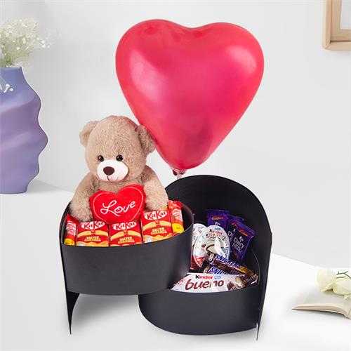 Teddys Delight Hamper Arranged With Chocolates , Teddy And Heart Balloon