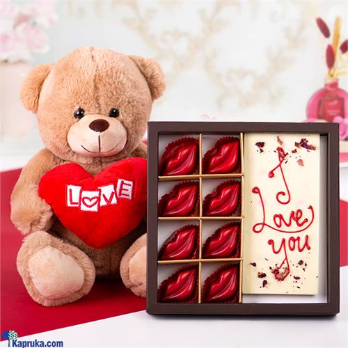 Teddy's Kiss And Chocolate Bliss - JAVA 08 Piece Lips With Rose Petal Slab Chocolate With Cute Teddy